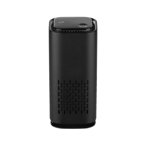 PureCabin FreshDrive black USB car air purifier next to commuter accessories